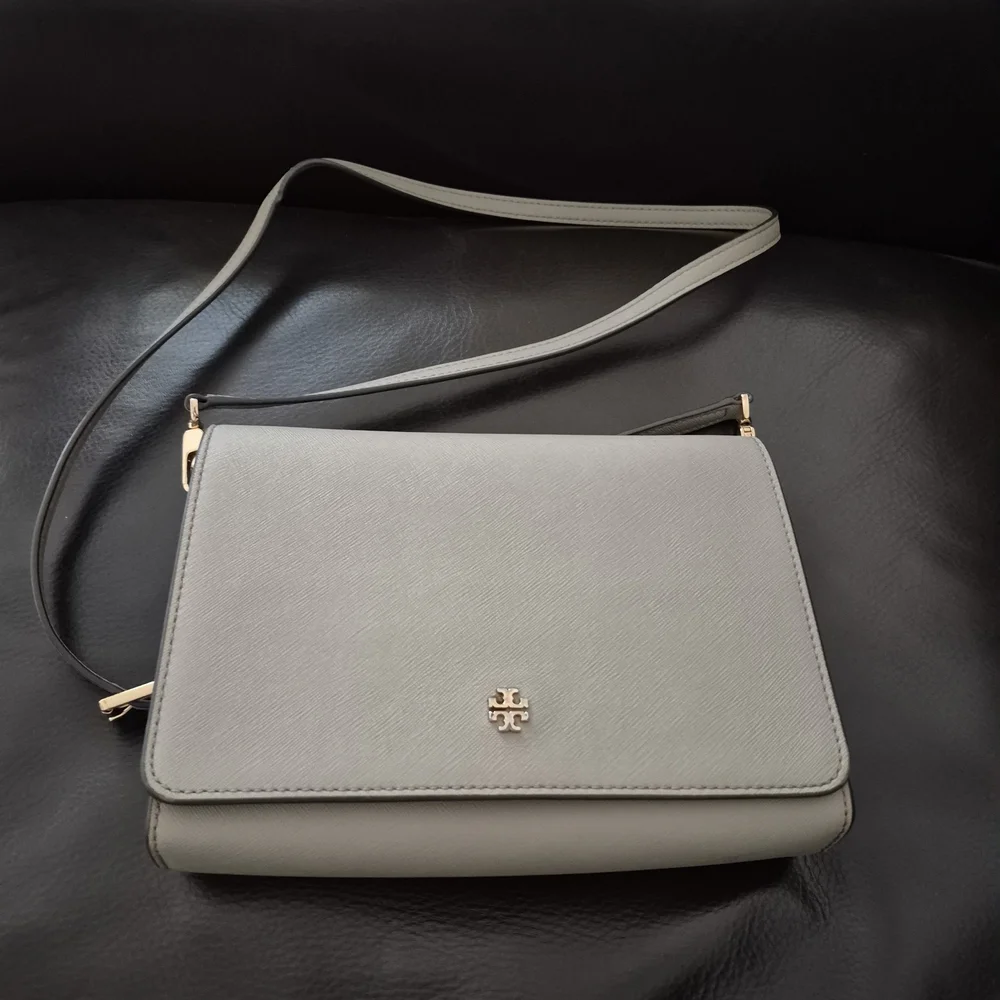 Tory Burch Light Gray Saffiano Crossbody with Gold Logo