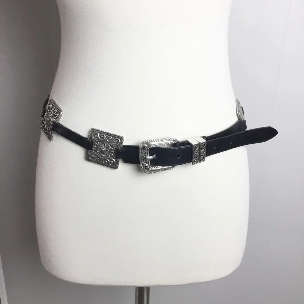 Vintage Brighton Black Leather & Silver Belt Size M/L 32