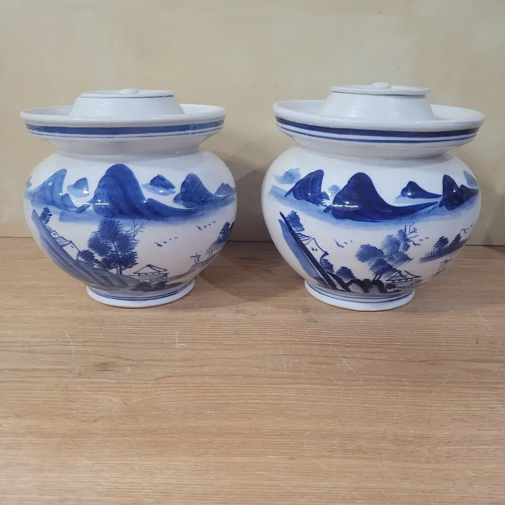 2 Vtg Chinese Blue White Dragon Chinoiserie Jar Vase Peoples Republic of China