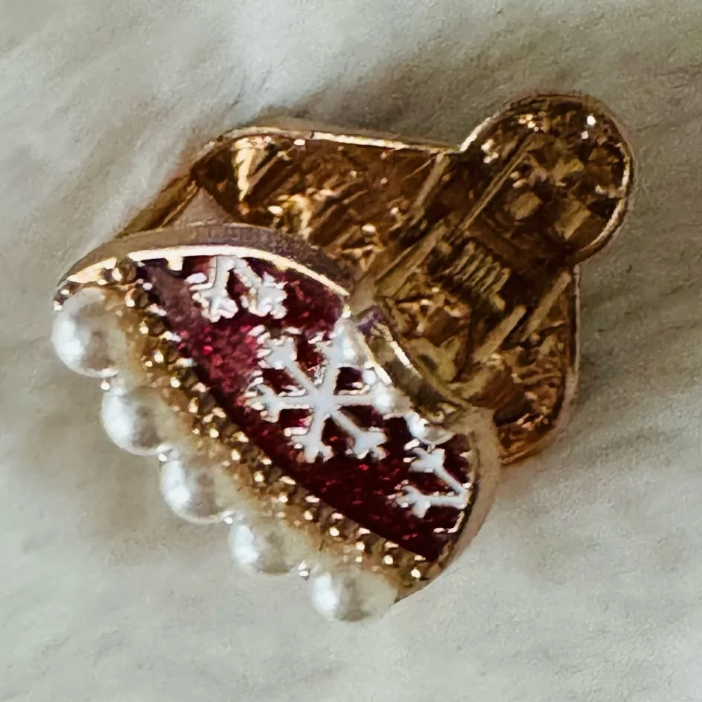 Mini Hair Claw Clip, Festive Red Snowflake Hat, pearls,red enamel,gold accent