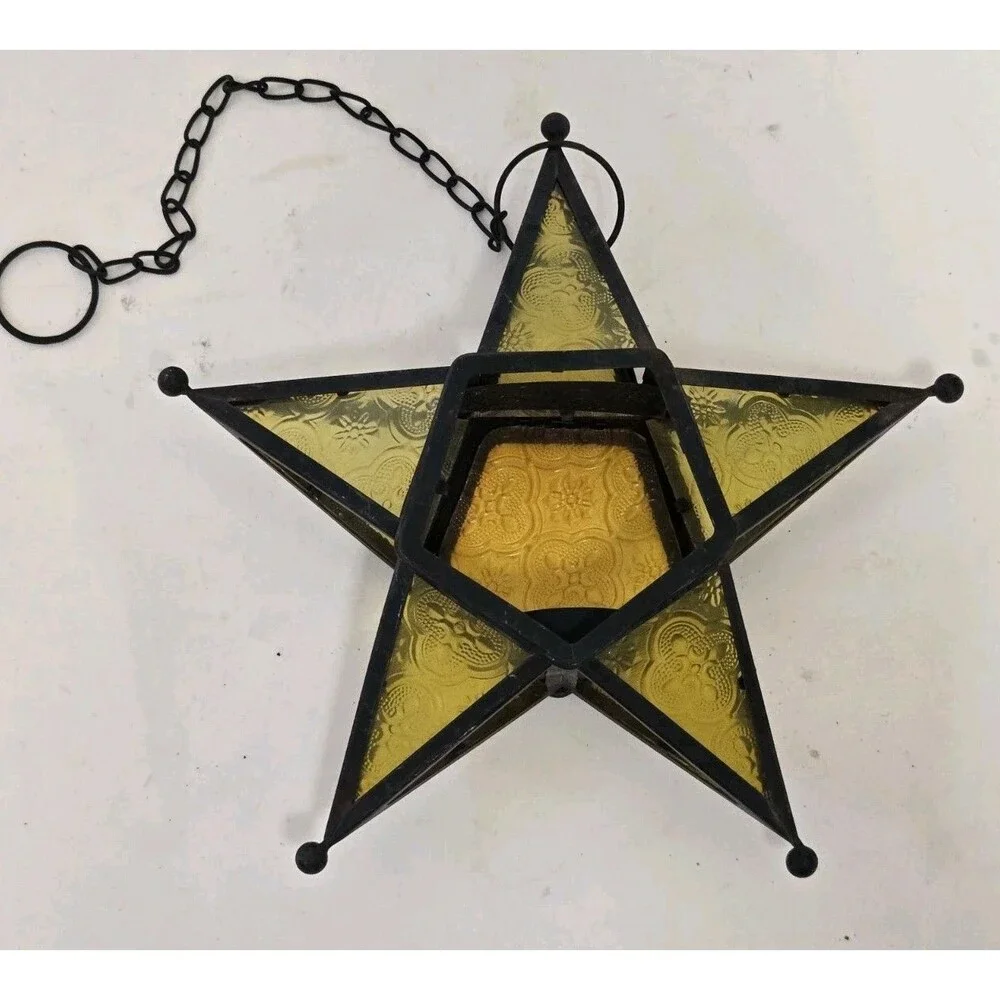 VTG Moravian Star Candle Holder Hanging Tealight Lamp Lantern Amber Glass