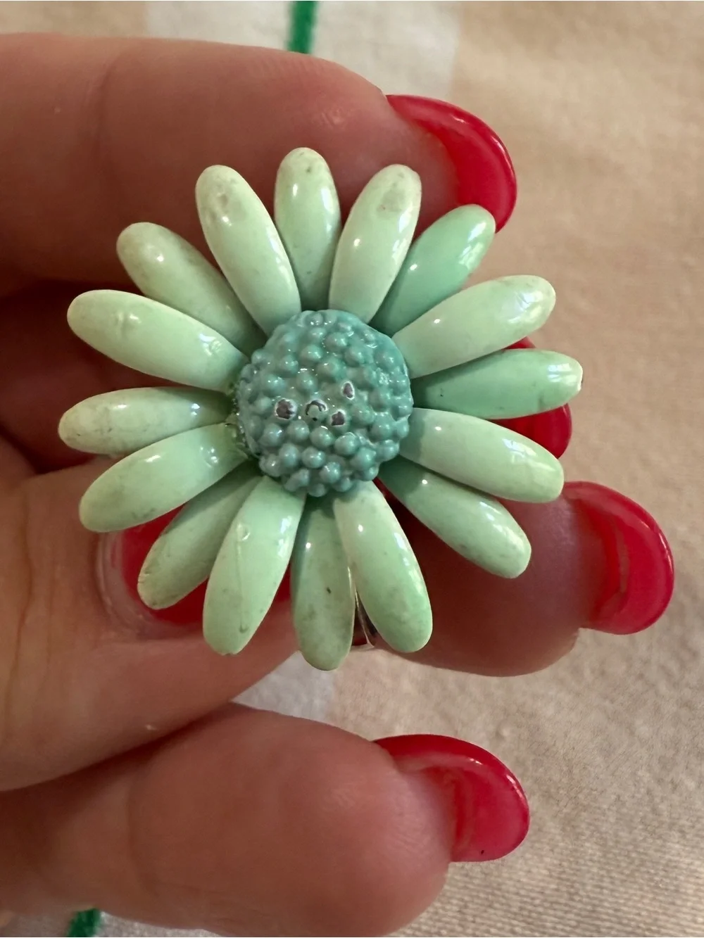 1960s Daisy Flower Power Mod Enamel Seafoam Colored Clip-on Earrings