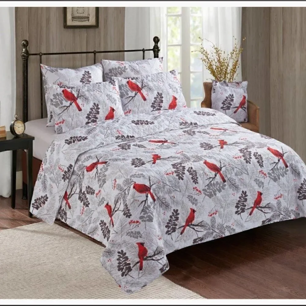 NEW! Red Cardinals Farmhouse Printed QUEEN Quilt Set with matching Tote Boho