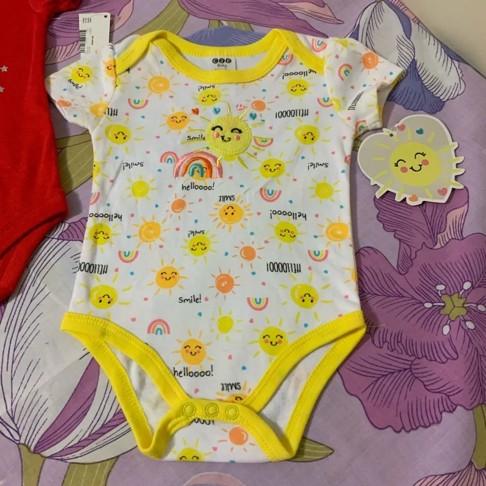 NWT CJP Baby Adorable Embroidered Sun Rainbow& Hearts Yellow Onesie Outfit