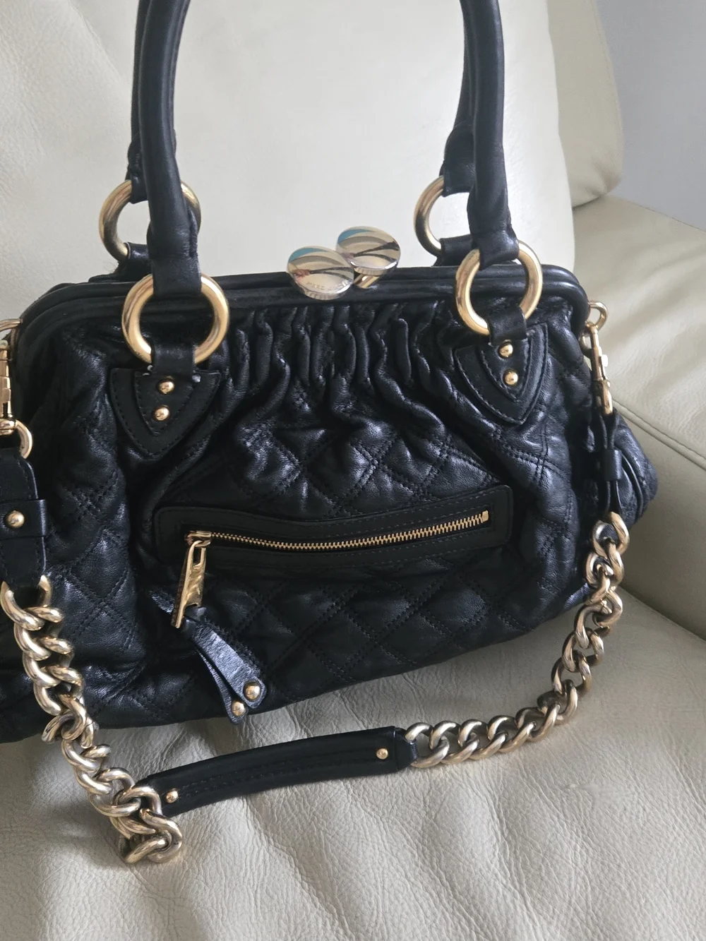 Y2k Marc Jacob Vintage Quilted Leather Satchel Handbag with Gold Chain Hardware