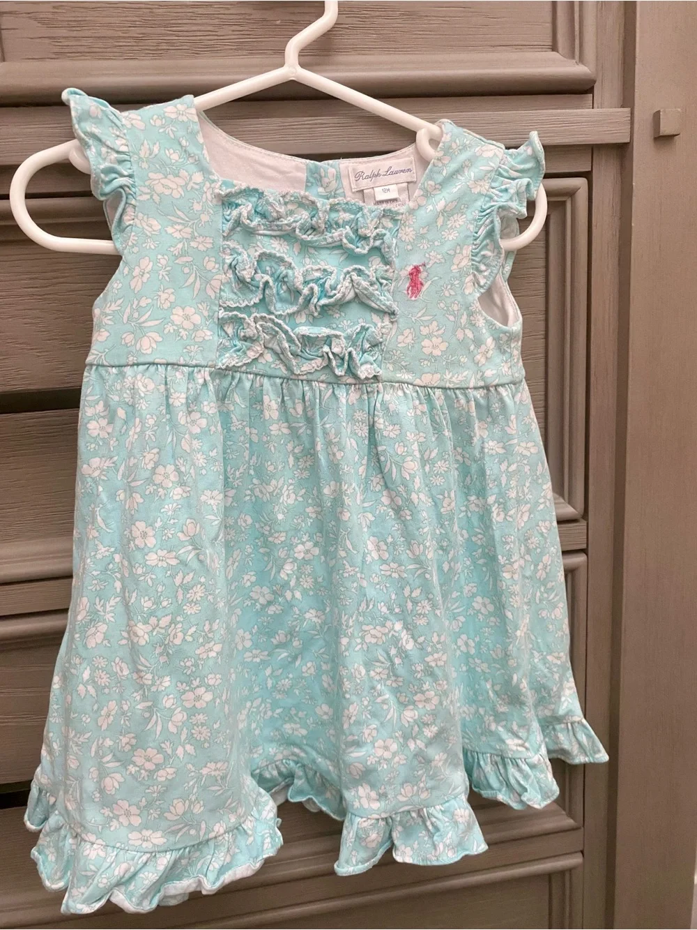 Ralph Lauren Aqua Floral Ruffle Baby Dress with Bloomers