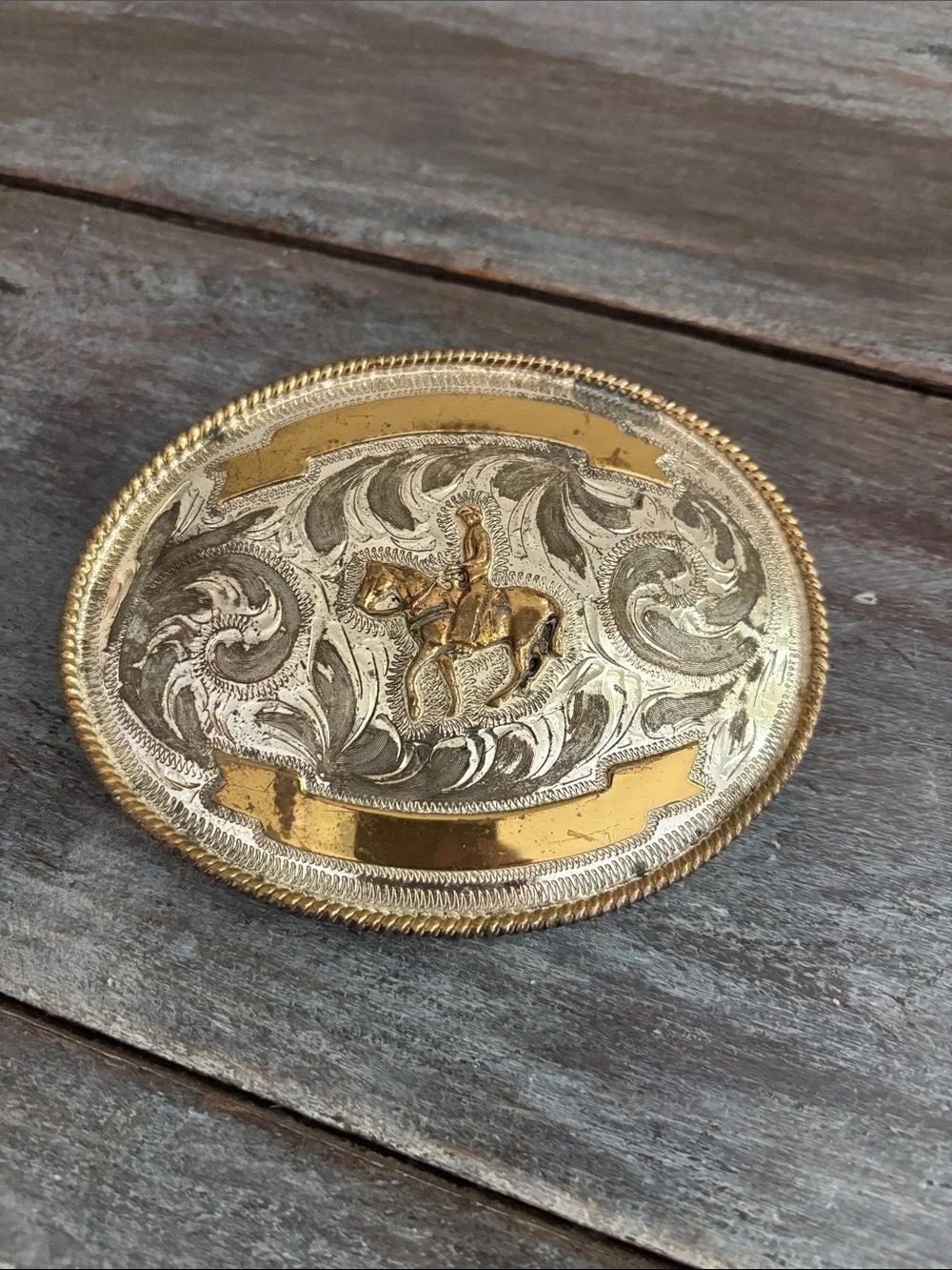 Alpaca Mexico Silver Cowboy on Horse Western Belt Buckle Oval Rope Border Stamp