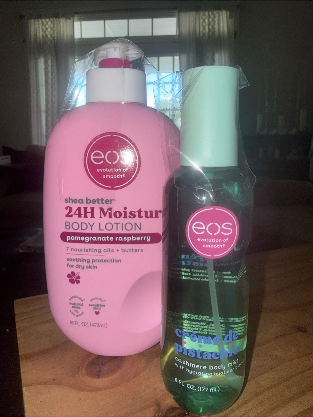 EOS body lotion, pomegranate raspberry& Buddy mist cream de pistachio