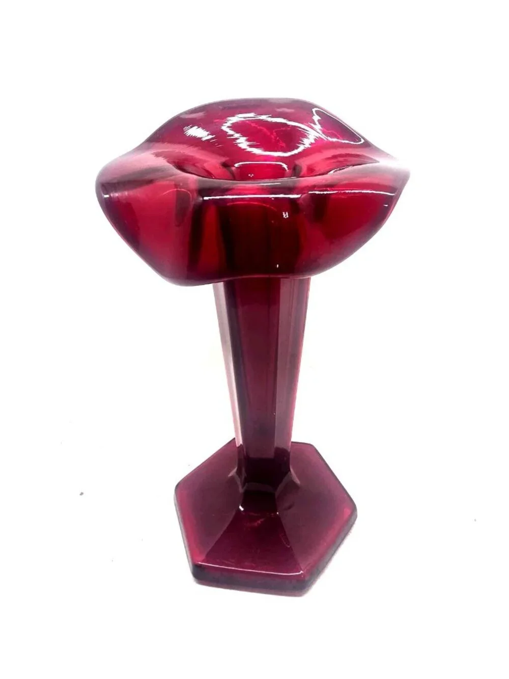 Vintage Ruby Red Glass Pedestal Vase with Flared Top & Hexagonal Base
