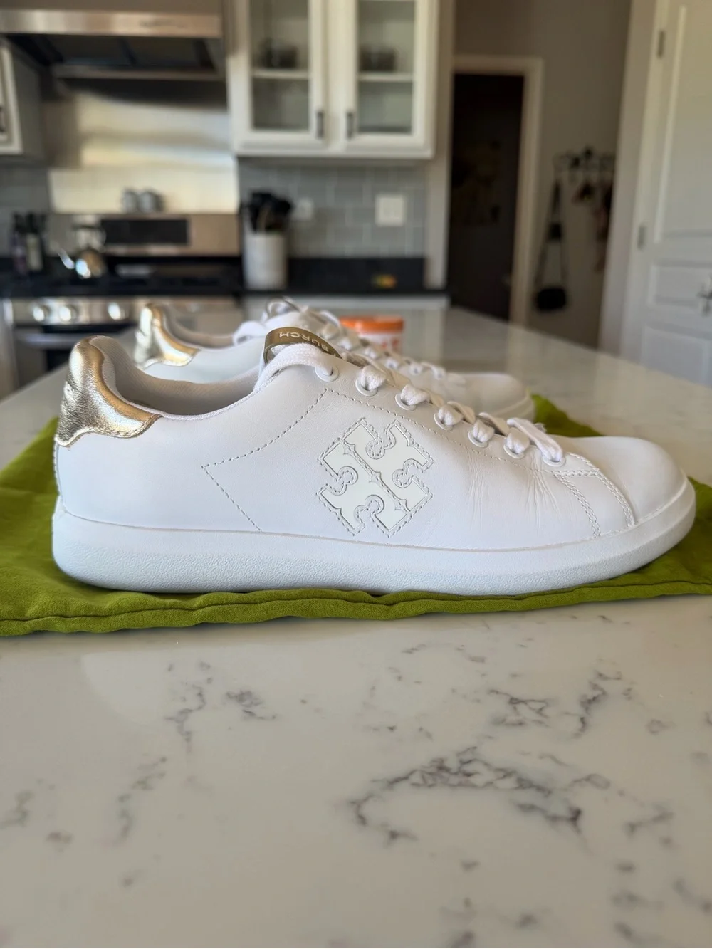 Tory Burch White Leather Sneakers with Gold Heel and Tongue Trim