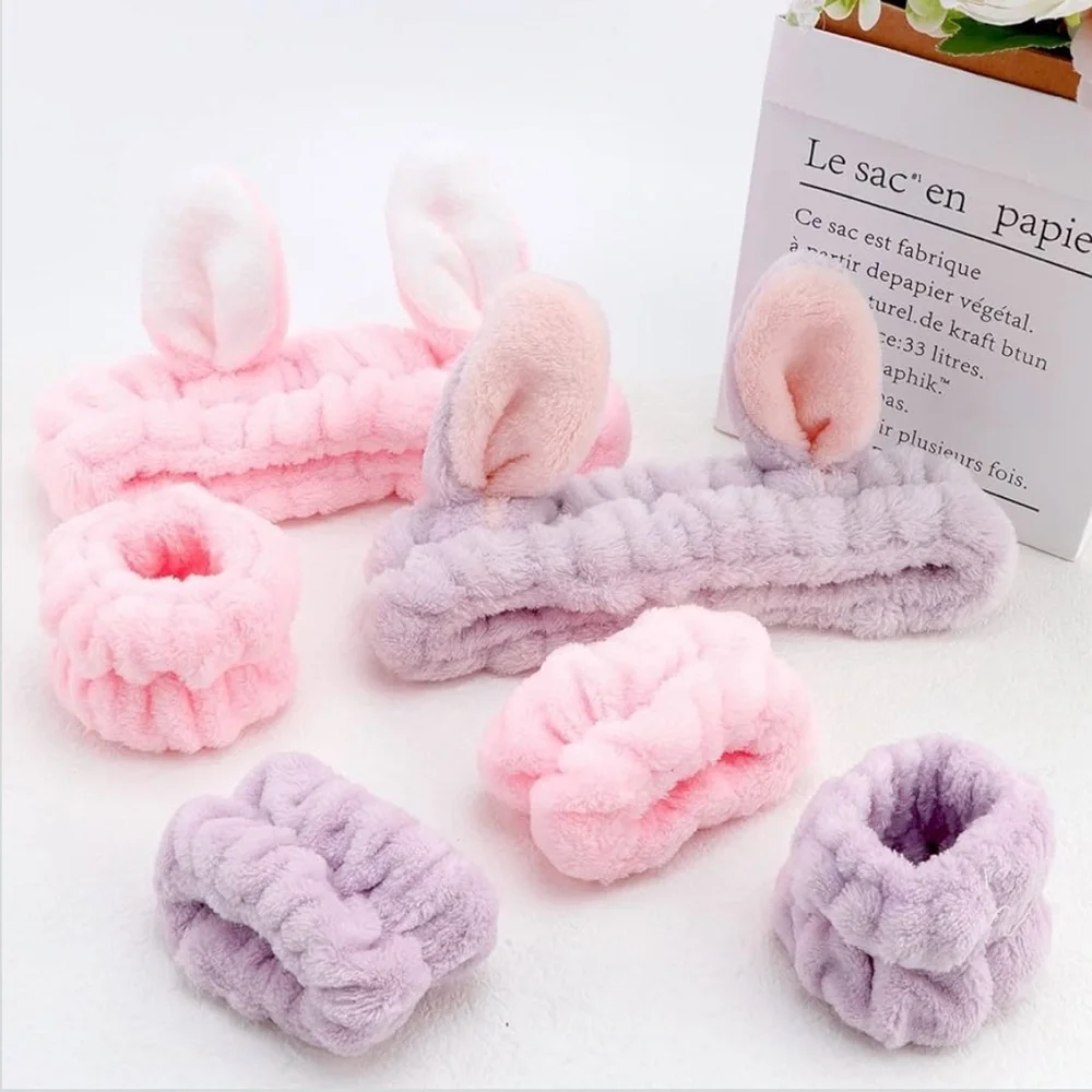 Pink Bunny Ear Spa Headband & Wristbands Set Face Washing Skincare Makeup, [New]