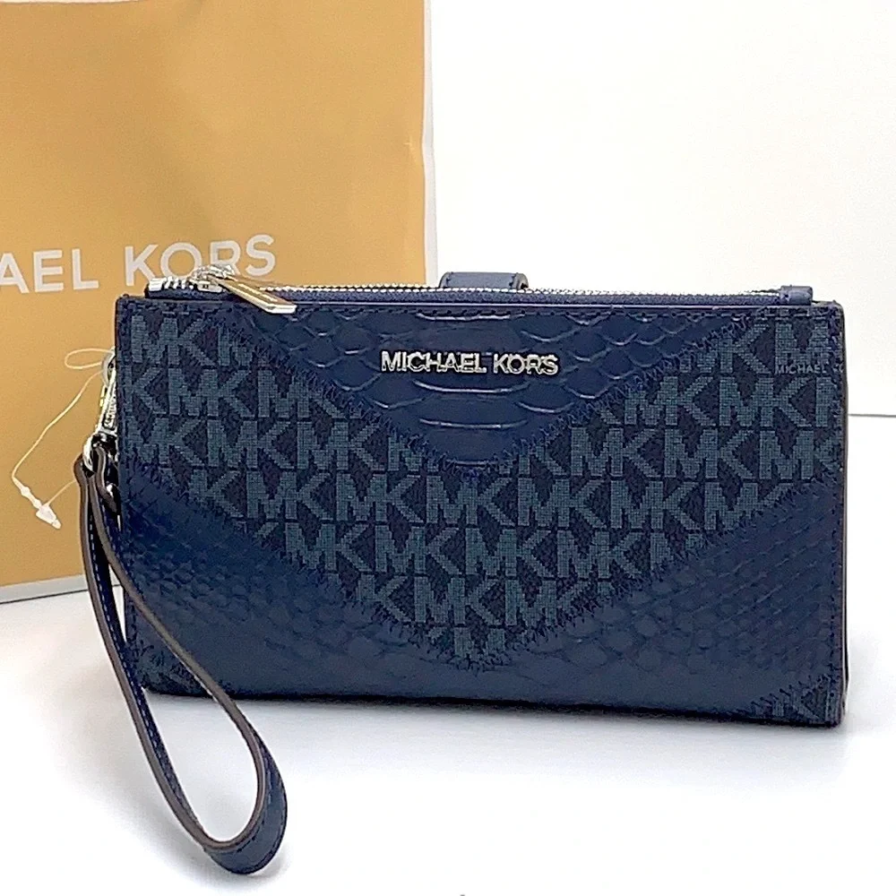 MICHAEL KORS JET SET TRAVEL NAVY MULTI LG DOUBLE ZIP WRSTLT