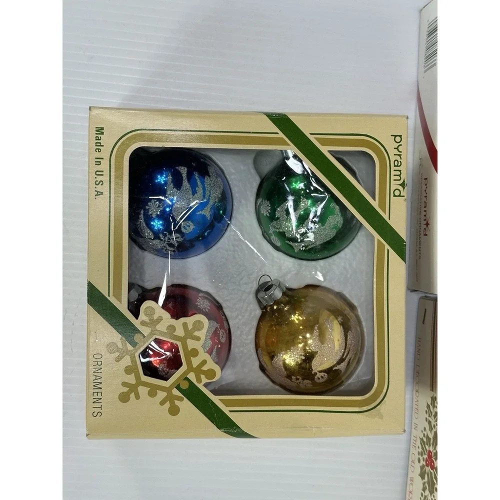 Vintage Lot 17 Pyramid Glass Christmas Ornaments Balls Hand Decorated Glitter