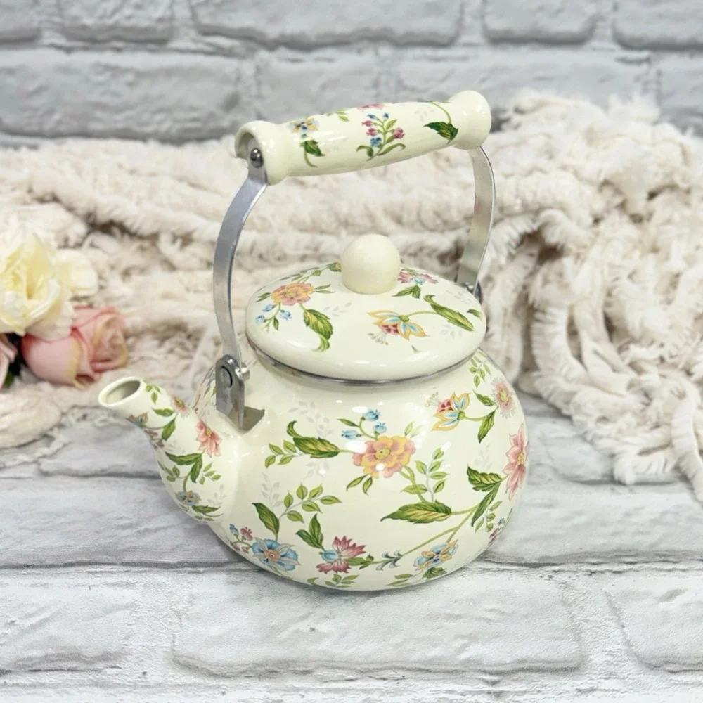 Floral Enamel Tea Pot Kettle Stove Top Porcelain  Cottage Core Farmhouse Nice!