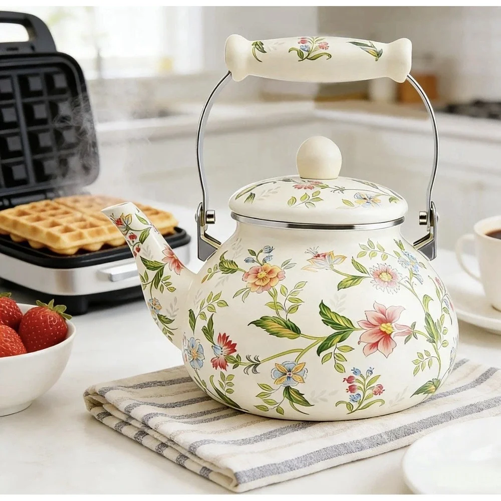 Floral Enamel Tea Pot Kettle Stove Top Porcelain  Cottage Core Farmhouse Nice!