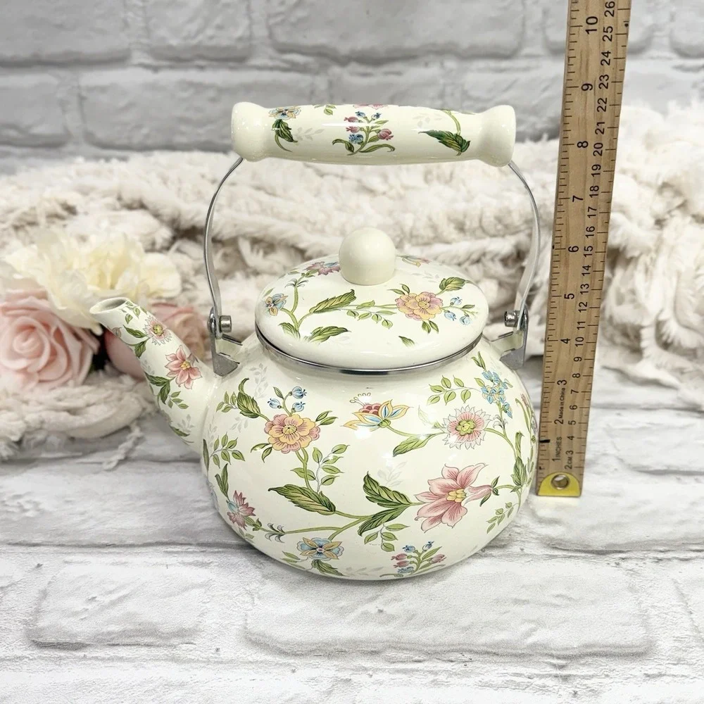 Floral Enamel Tea Pot Kettle Stove Top Porcelain  Cottage Core Farmhouse Nice!