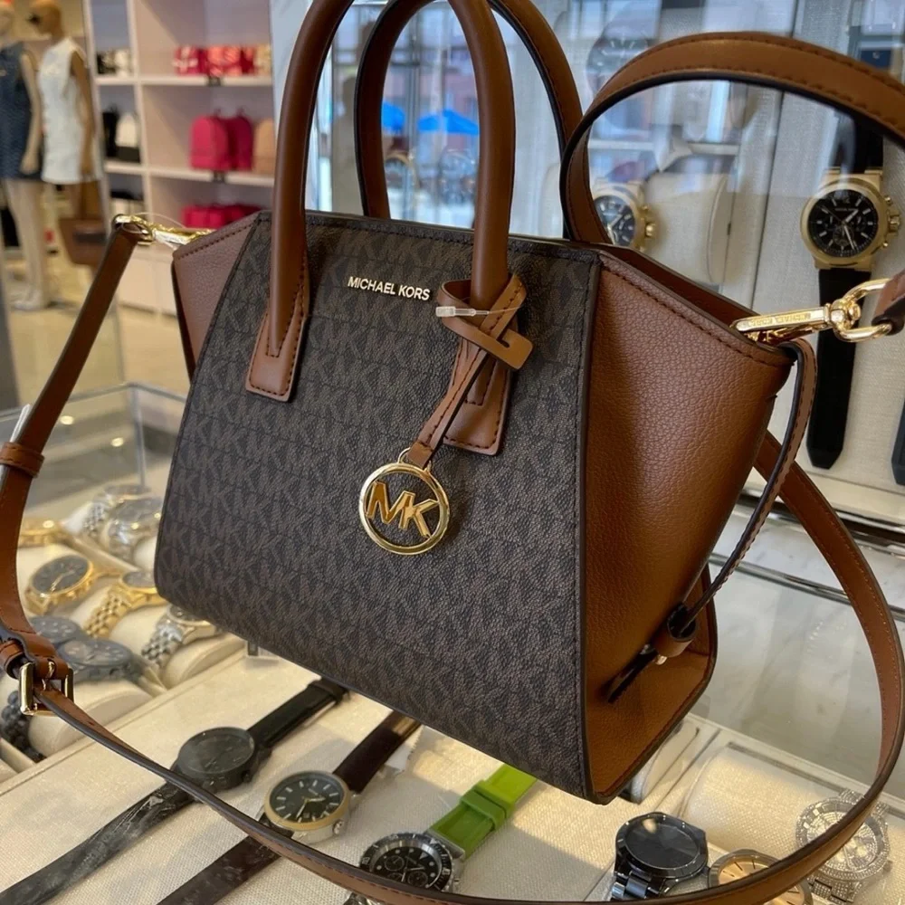 Michael Kors Avril Small Leather Logo Satchel Crossbody Brown Top Zip Bag NWT