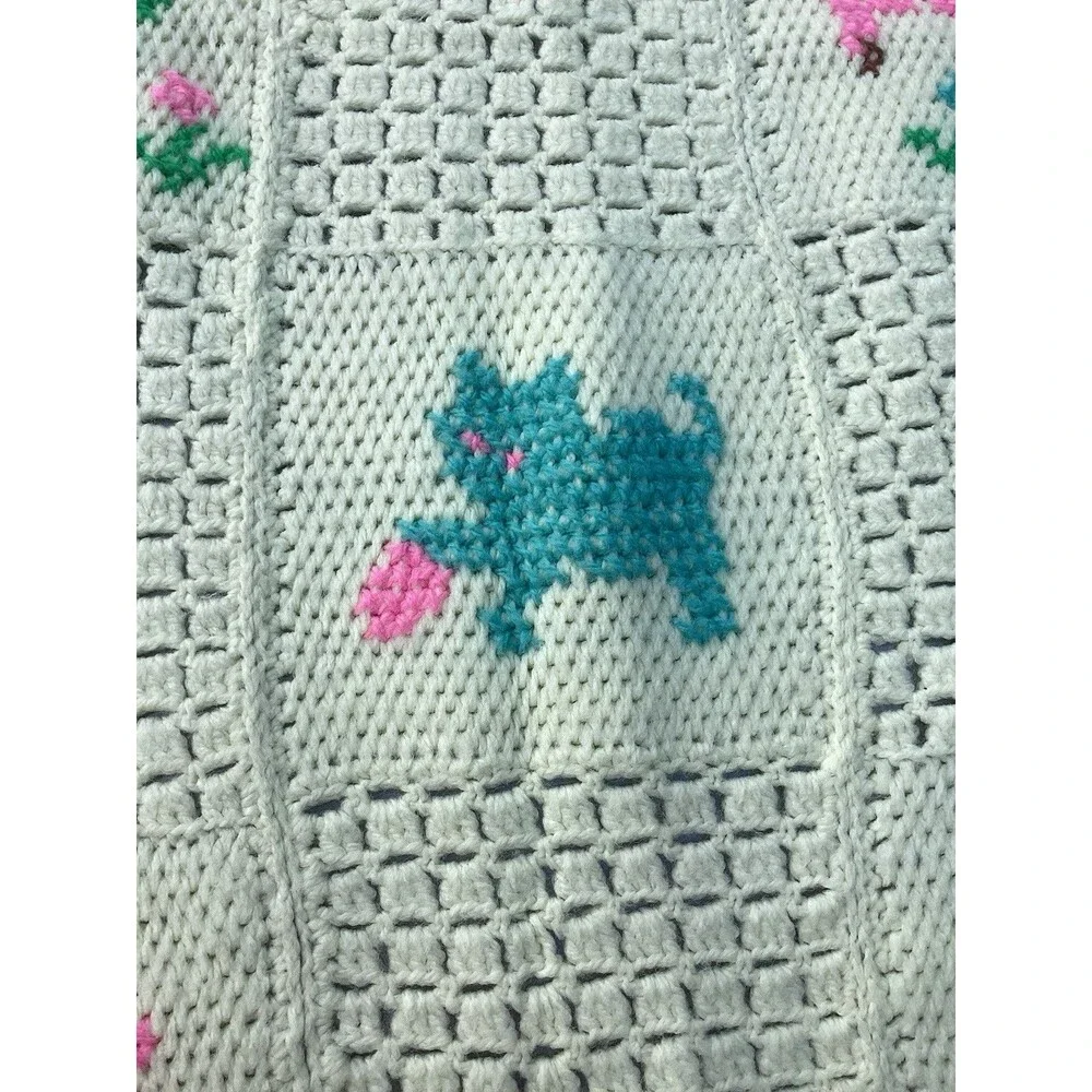 Vintage Crochet Baby Blanket Afghan Throw White Blocks Squares Animals Handmade