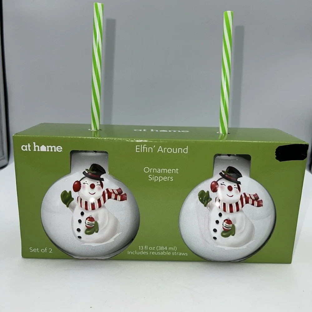 Elfin' Around Snowman Ornament Sippers Set Of 2 AT‎ HOME 13 fl oz