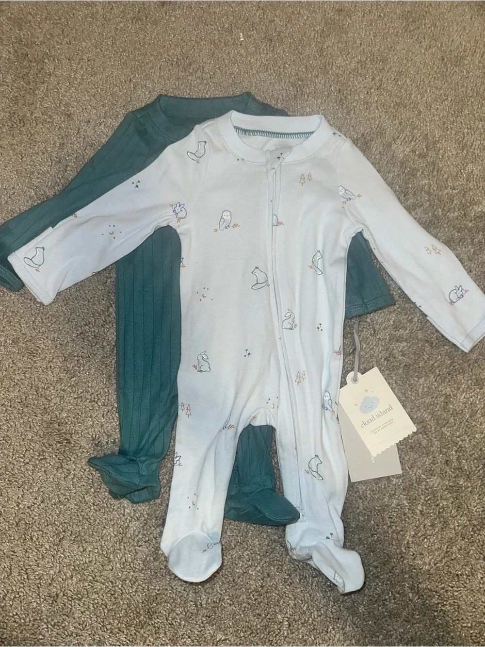 cloud island White & Teal Baby Footed One-Piece Set