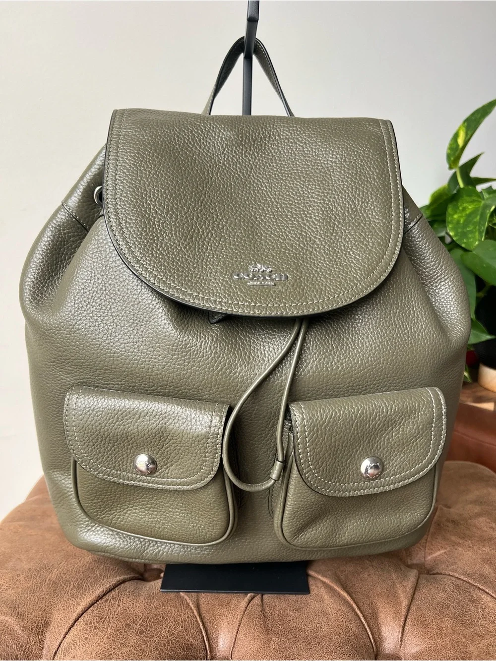 Coach Olive Green Pebbled Leather Backpack with Front Pockets Style 6145