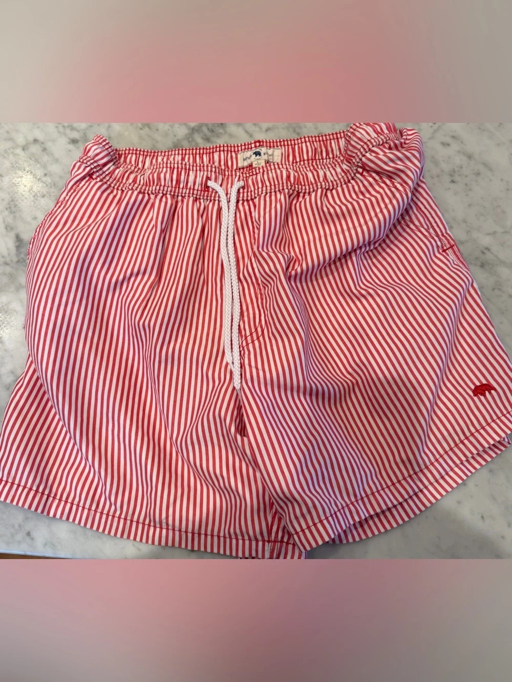 Onward Reserve Red/White Striped Men’s Swim Trunks. Large.