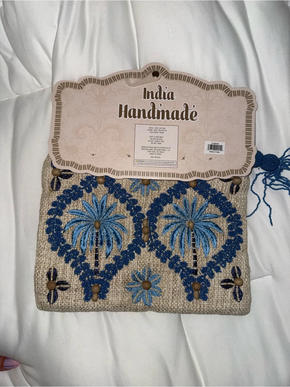 Blue Palm Tree Beaded Zipper Pouch Handmade in India New with Tags