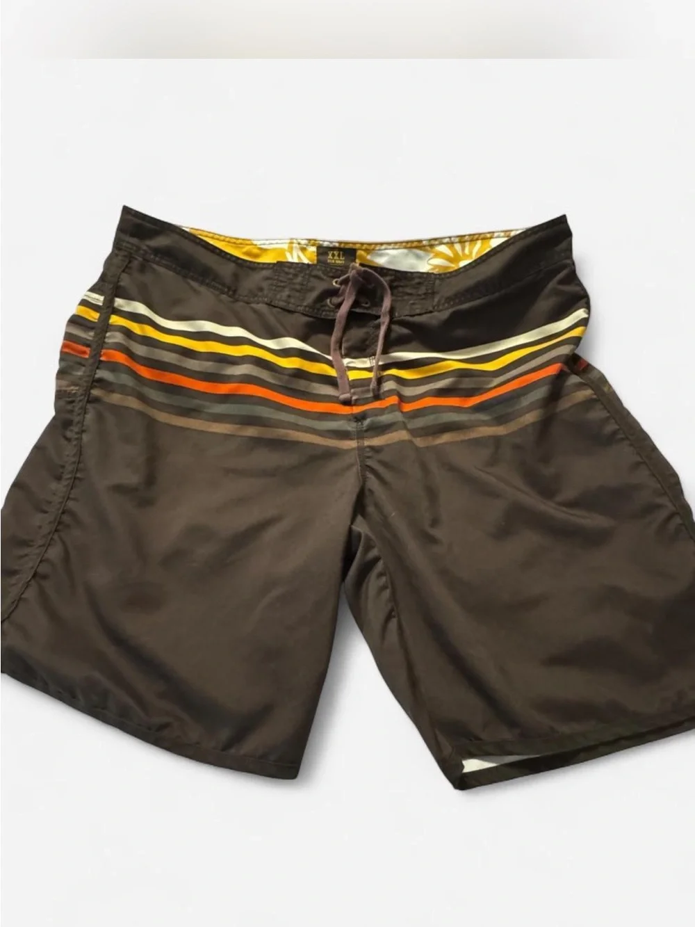 Old Navy Brown Swim Board Shorts with Yellow and Orange Stripes