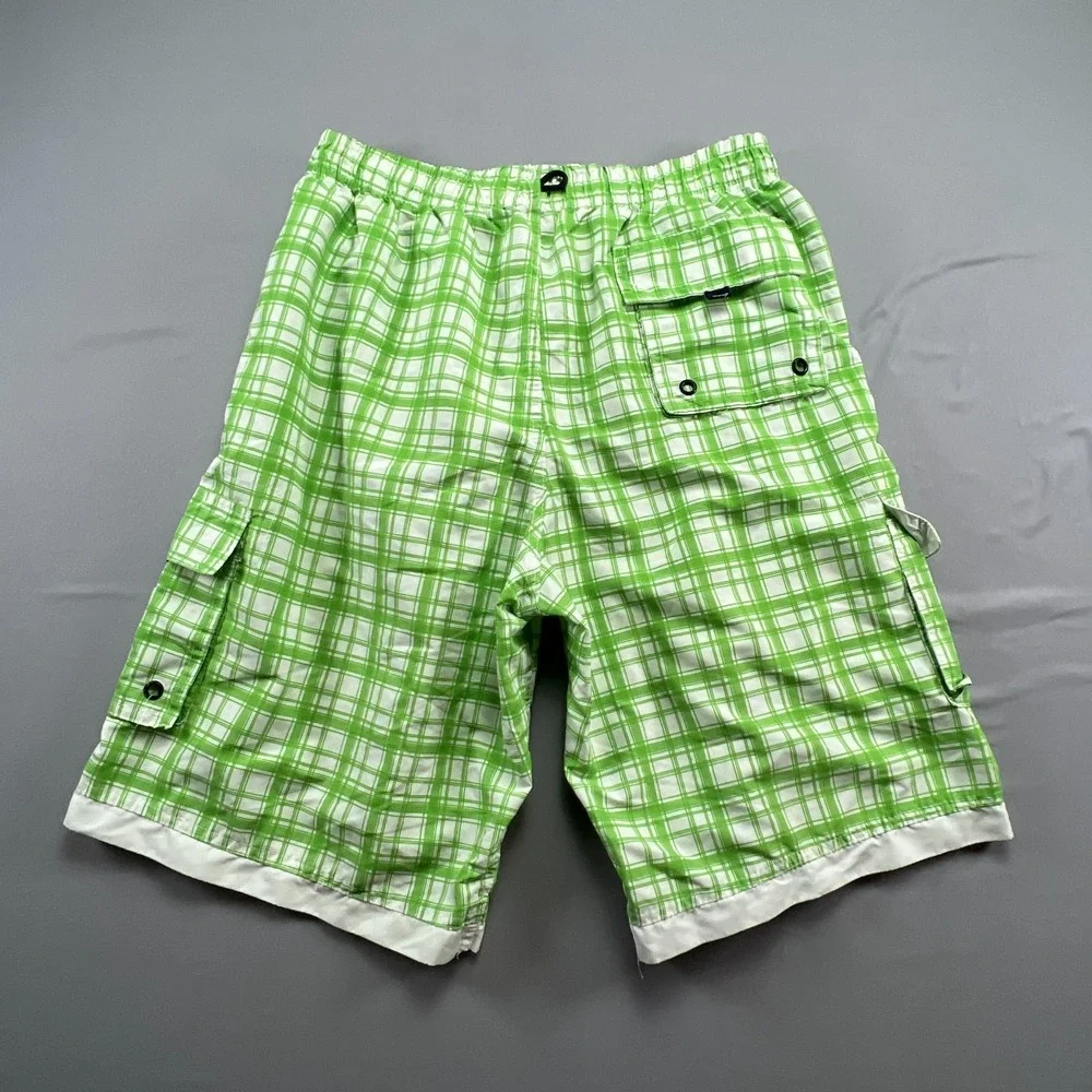Pacific Surf By Exist Board Shorts Mens Large White Green Plaid Mesh Lined Beach
