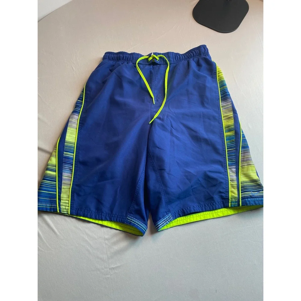 Nike Mens Royal Blue Neon Yellow Striped Swim Trunks Mesh Lined Board Shorts M