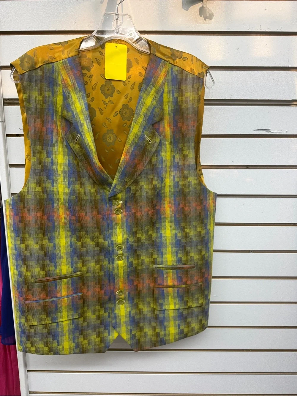 Men’s 44R Plaid Dress Vest Gold Floral Satin Back Statement Waistcoat