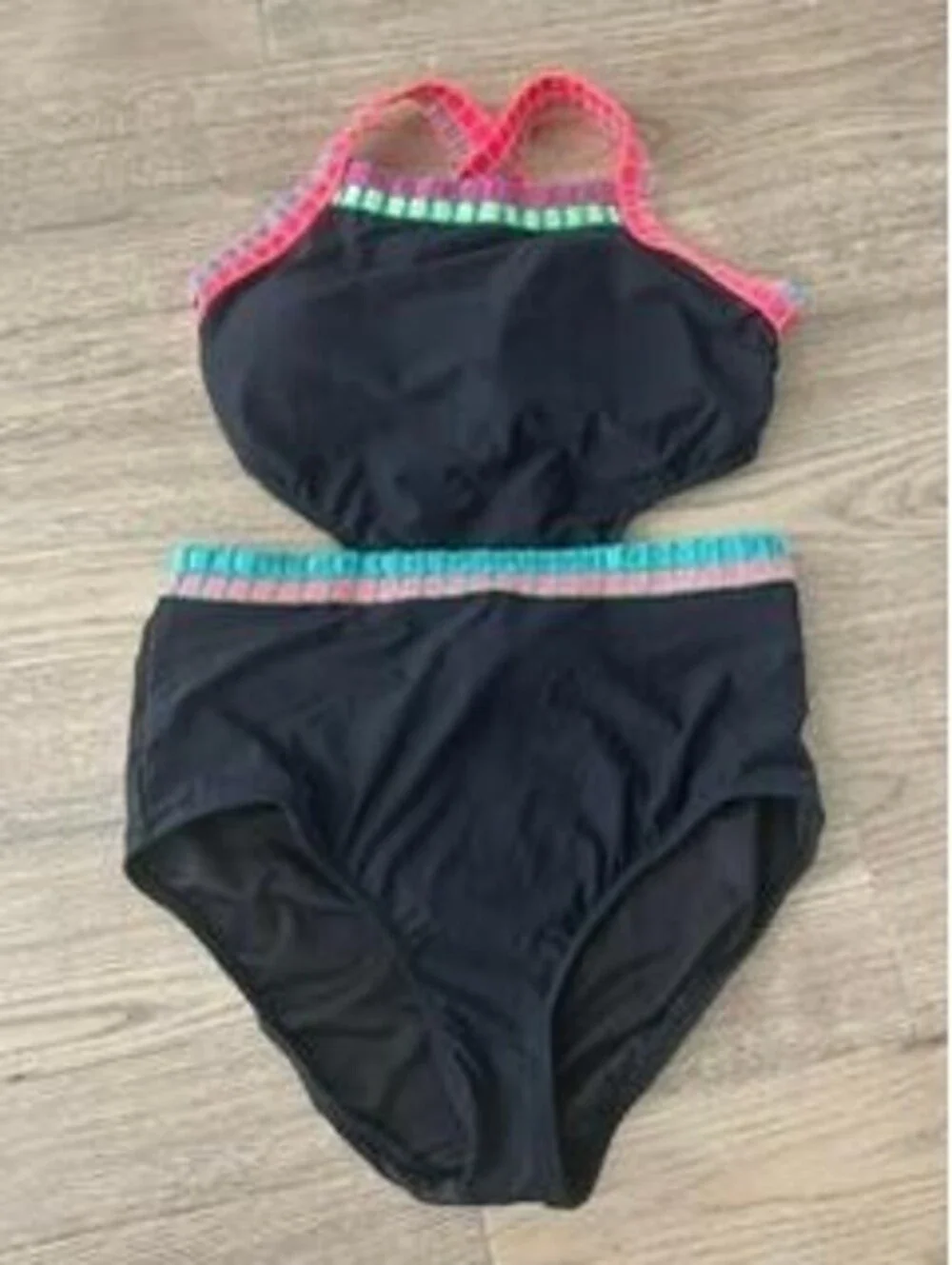 Beach Lingo Girls Swimsuit Size 12 Black One Piece Cutout Monokini Neon Trim