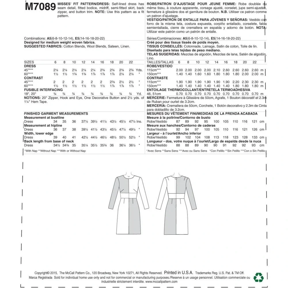 McCalls‎ M7089 Misses Fit Patterned Colorblock Dress Sewing Pattern Sizes 14-22