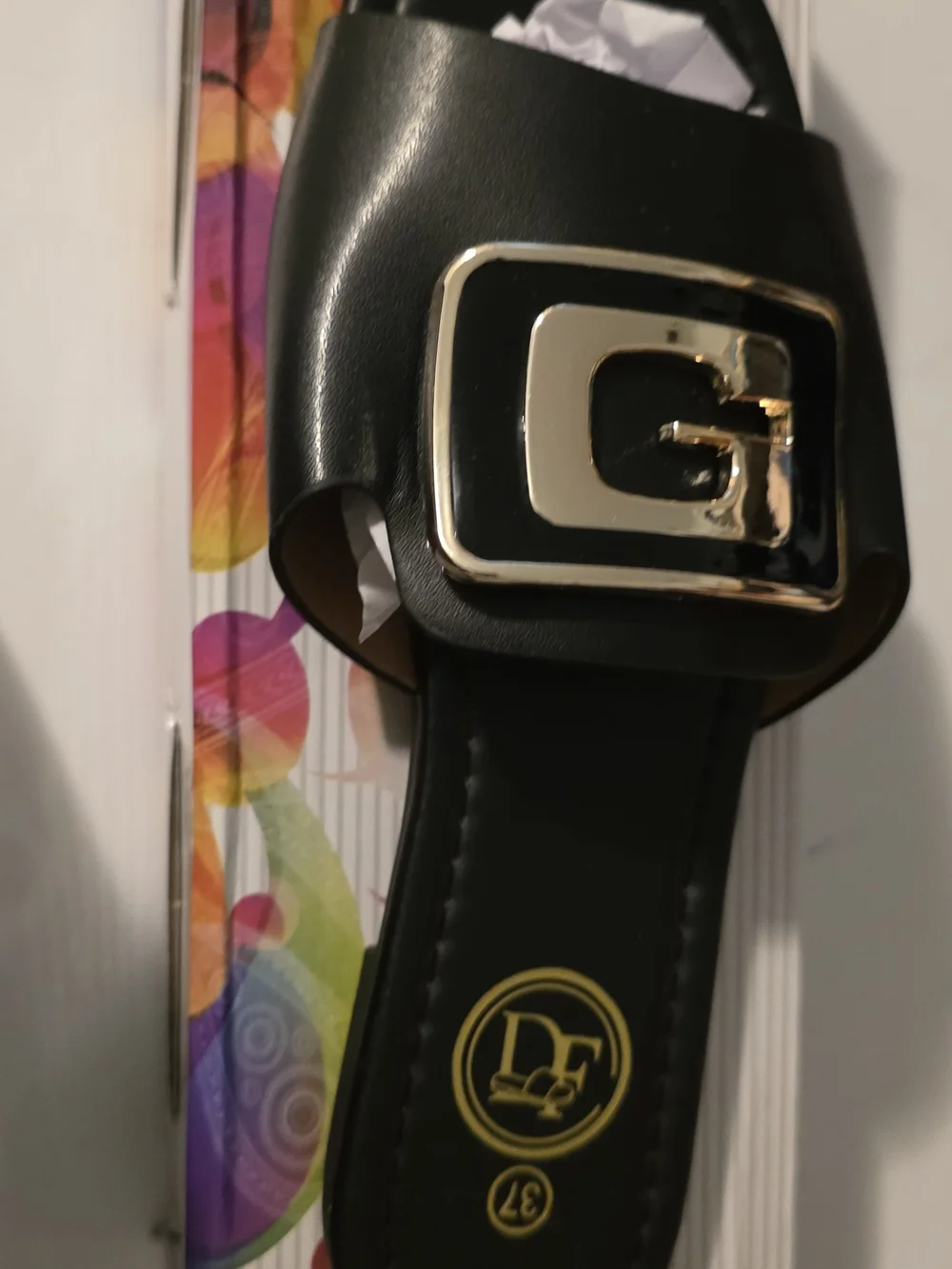 SD Collection Black Slide with Gold Buckle Accent