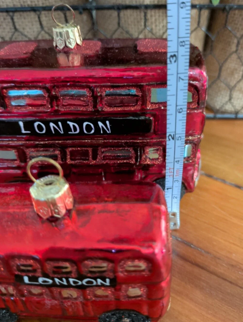 Glass Christmas Tree Ornaments London Double Decker City Bus Set of 2