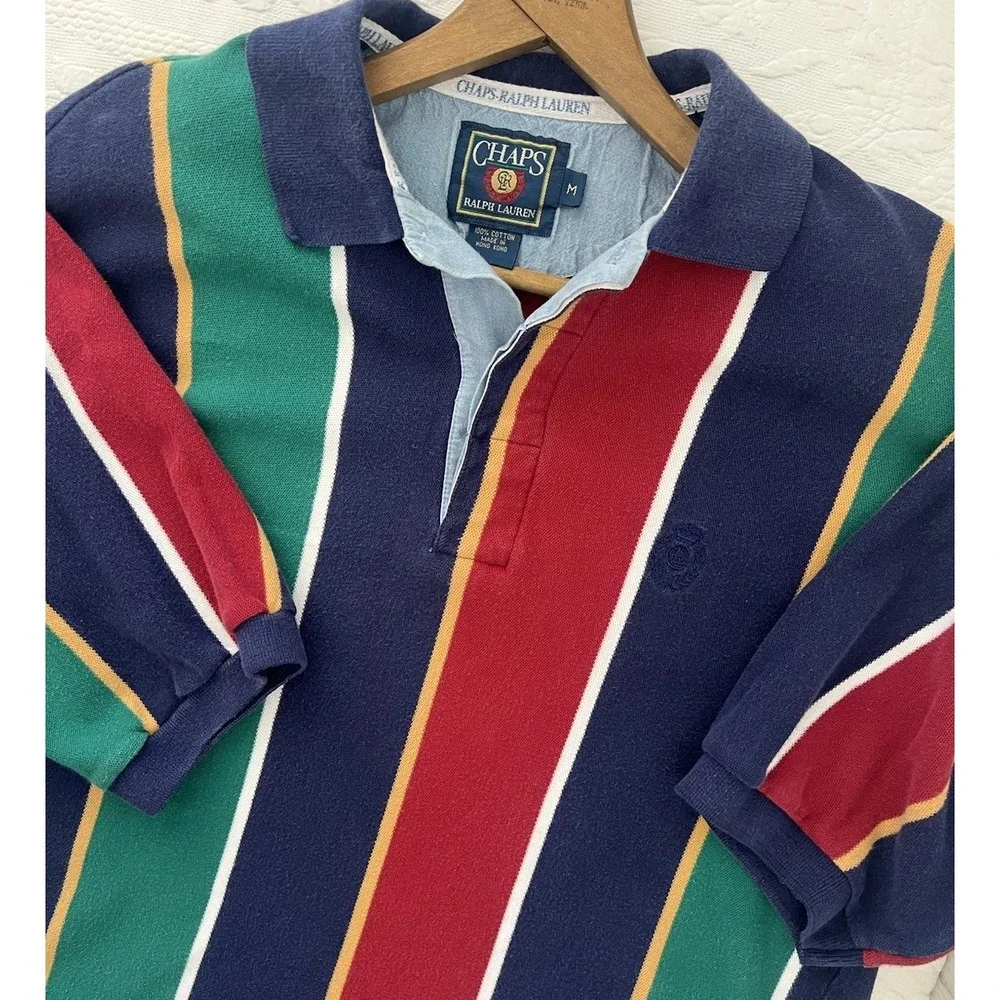 VTG 90sChaps Ralph Lauren Shirt Colorful Polo Striped Rugby Crest Short Sleeve M