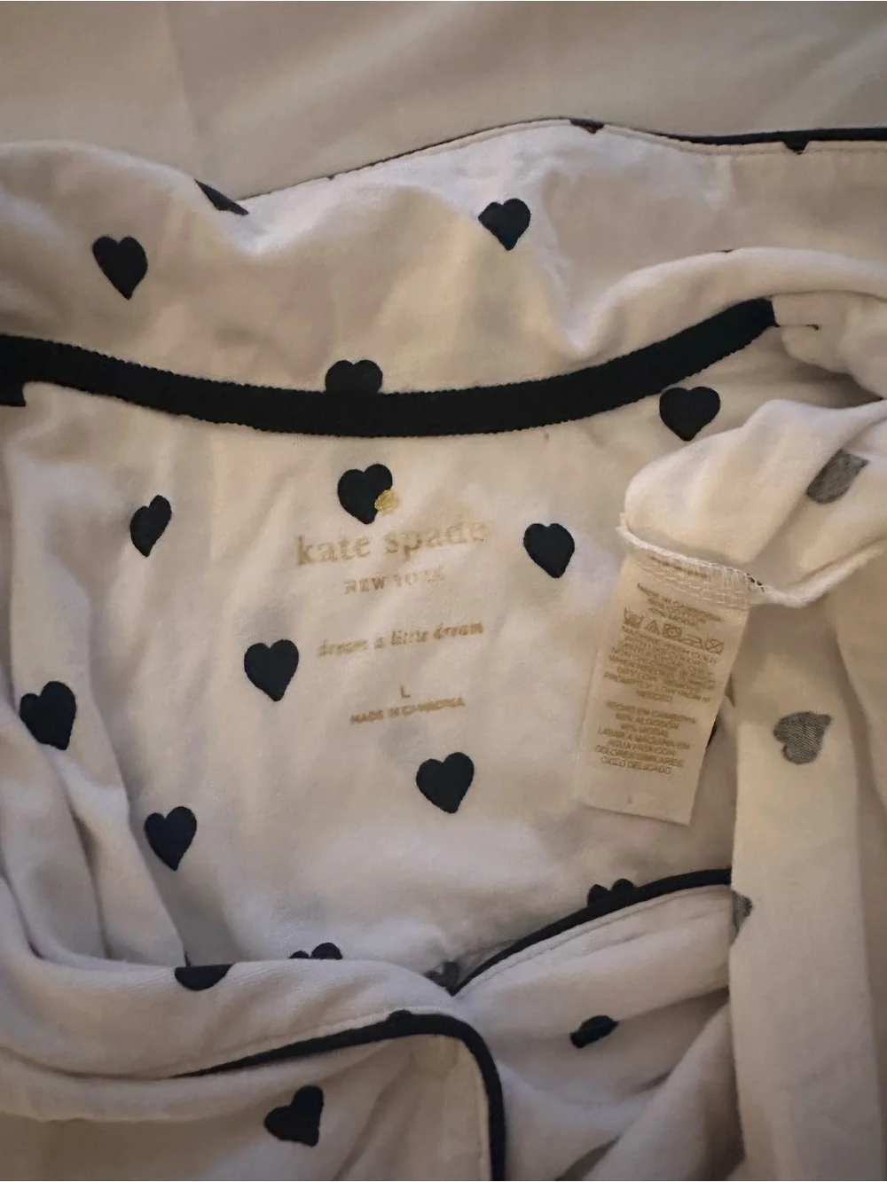 Kate Spade White And Black Heart Polka Dot 3/4 Sleeve Sleep Shirt Size Large