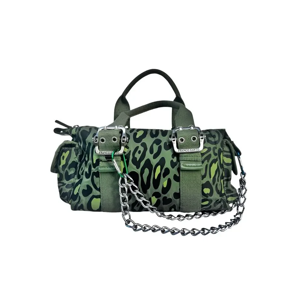 Franco Sarto Y2K Olive Leopard Nylon Mini Cargo Satchel Small Chain Utility Bag
