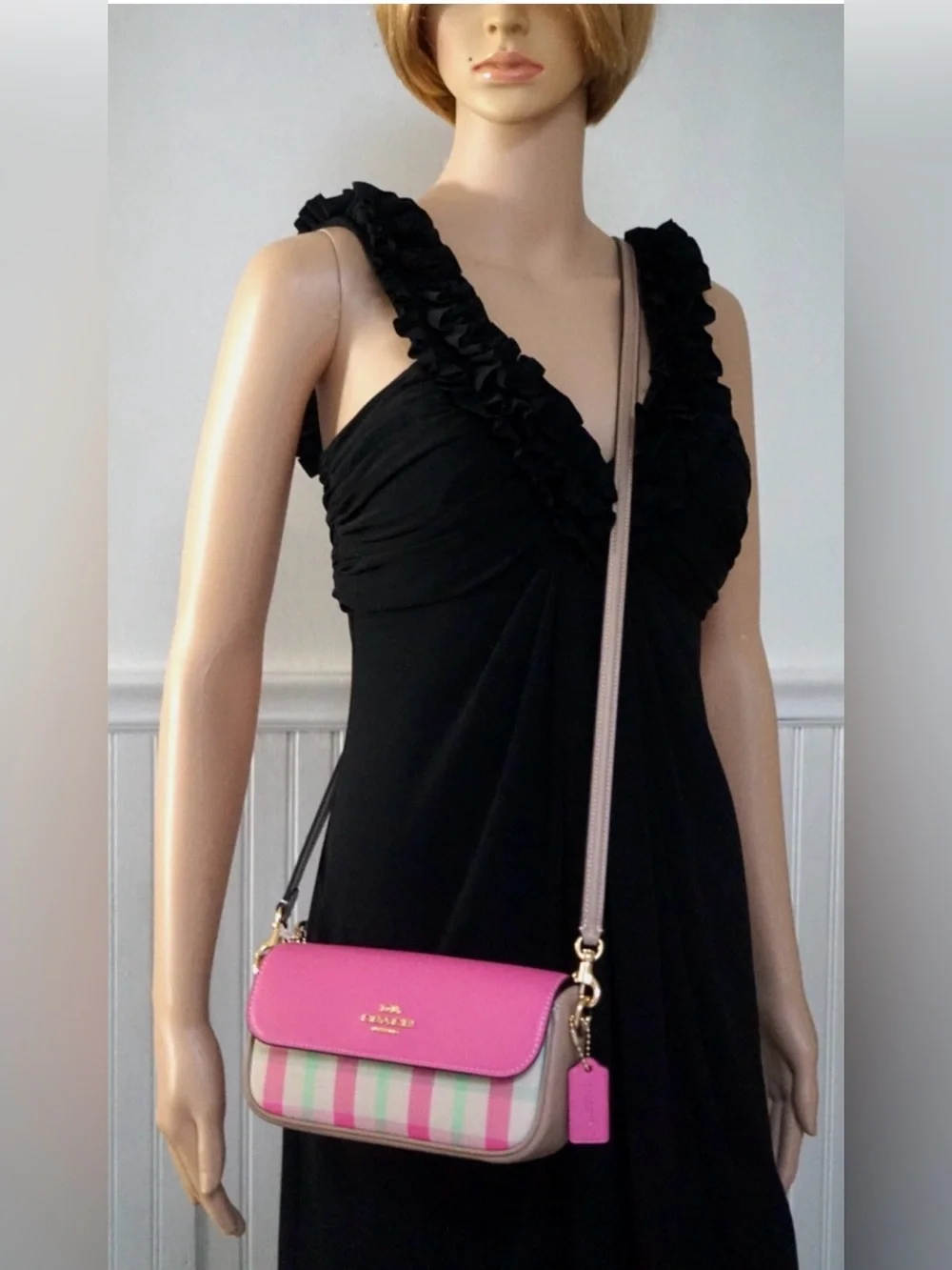 Coach Hailey Flap Crossbody Bag Plaid Print Pink Pastels Purse Gold Chain NWOT