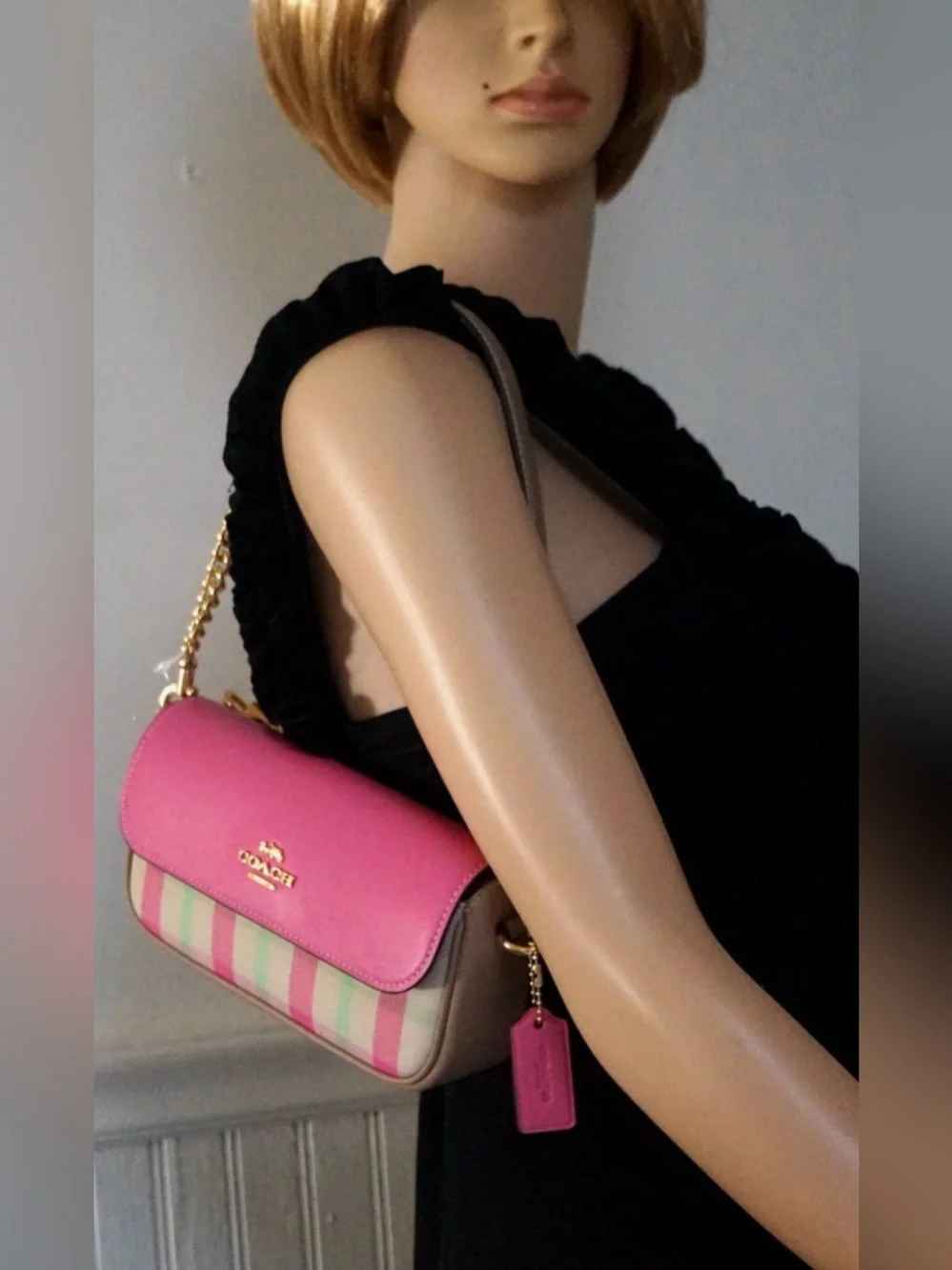 Coach Hailey Flap Crossbody Bag Plaid Print Pink Pastels Purse Gold Chain NWOT