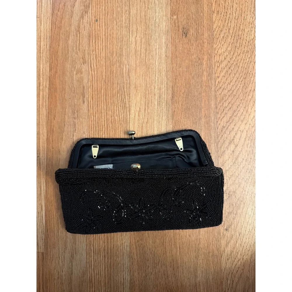 Vintage Black Beaded Floral Clutch Evening Bag Made in Japan Kiss Lock Purse