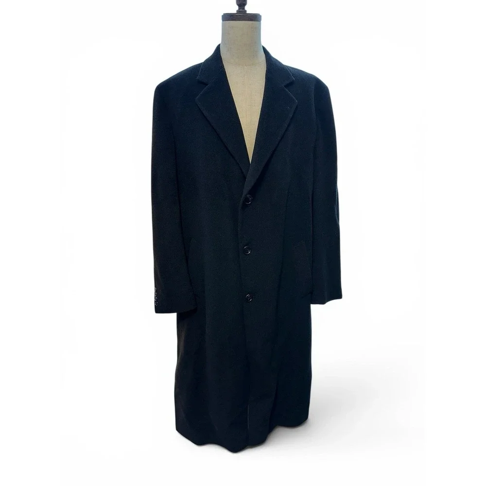 CHAPS Ralph Lauren Men's Cashmere Wool Overcoat Black L 46 Long 3 Button Italy