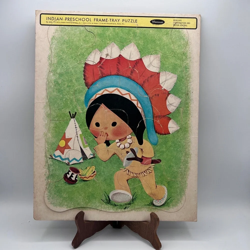 Vintage 1967 Whitman Indian Preschool Frame-Tray Puzzle 4535 Native American Boy