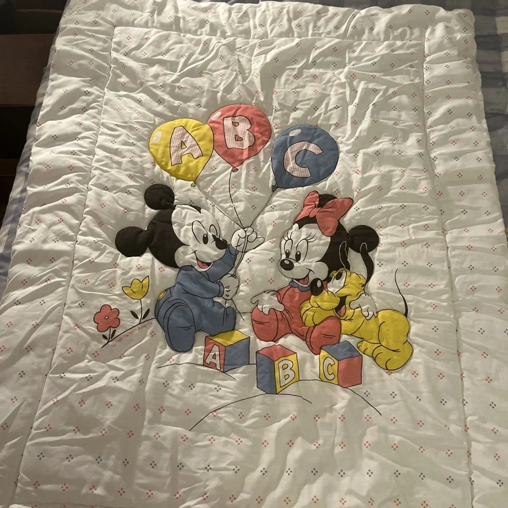 Vtg Dundee '84 Disney Baby Mickey Minnie ABC Balloons Crib Comforter Blanket