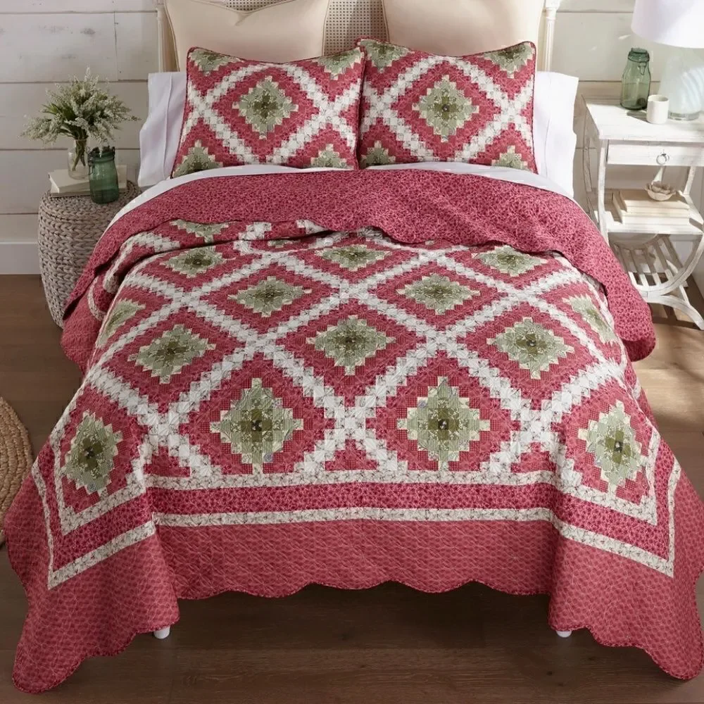 NEW! Sweet Melon KING Size Printed  Quilt Set Diamond Farmhouse Country