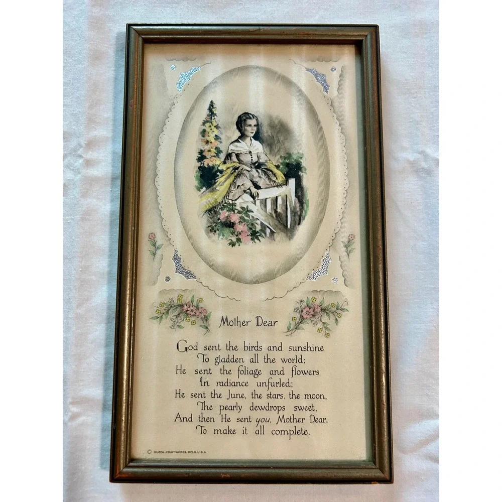 Vintage Buzza Company Mother Dear Framed Poem Lithograph Wall Art Craftacres 5x9