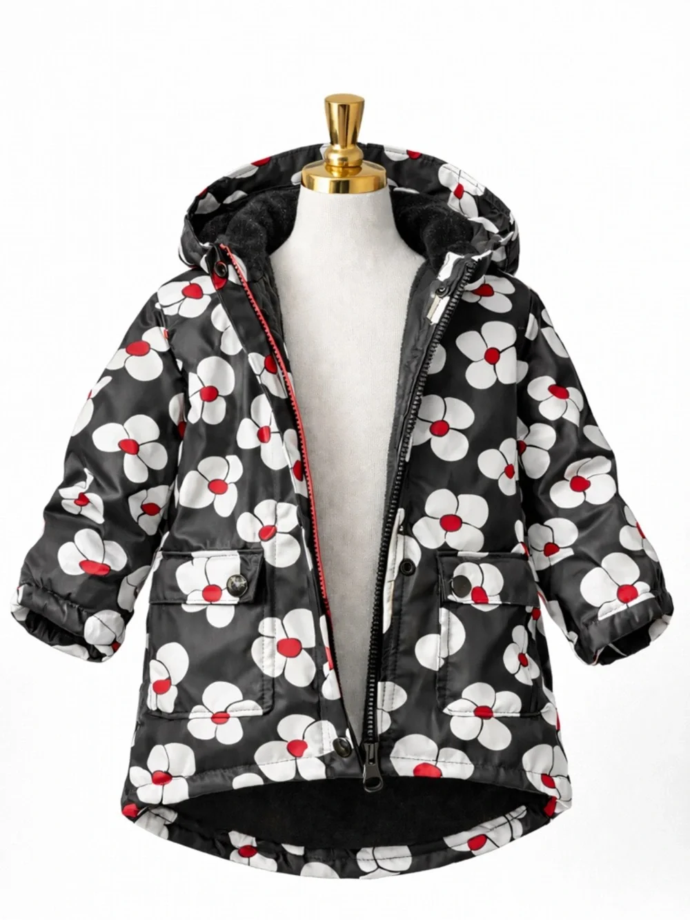 Hunter‎ Girls 4T Floral Rain Jacket Black White Red Hooded Waterproof Fleece