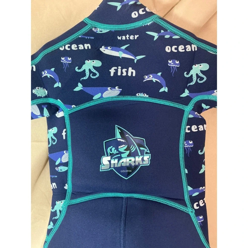 Goldfin Wetsuit Kids Size 2 Blue Excellent Shorty Neoprene Front Zip Shark Print