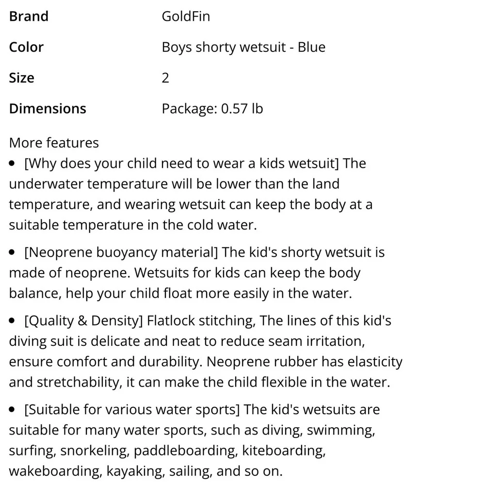 Goldfin Wetsuit Kids Size 2 Blue Excellent Shorty Neoprene Front Zip Shark Print