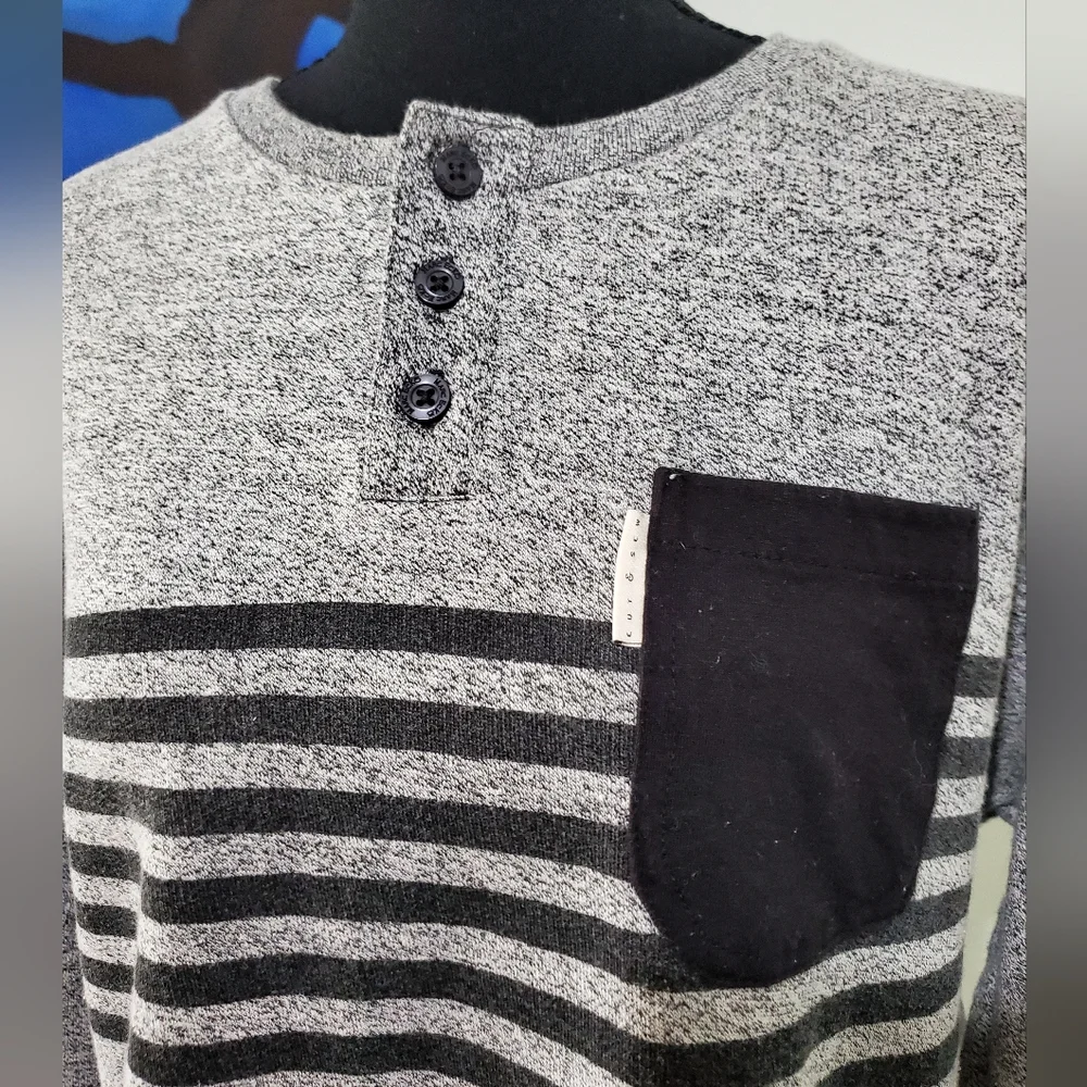 Marc Ecko Cut & Sew Men's Striped Henley Pocket Long Sleeve Gray Size L